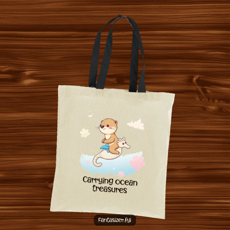 Funny tote bag featuring a smiling otter riding a seahorse in a dreamlike ocean, a charming accessory.
