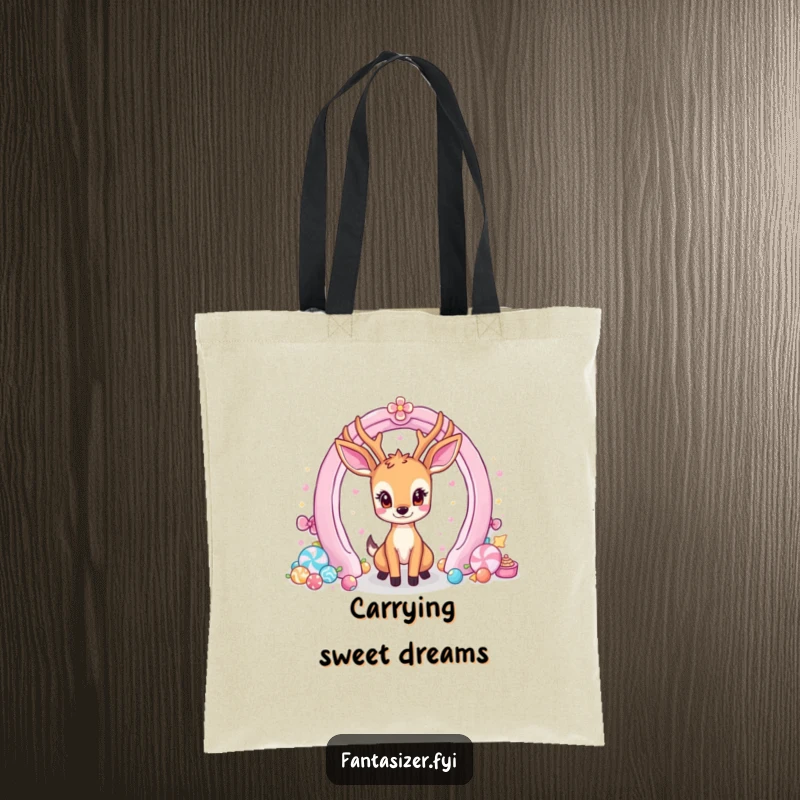 Funny tote bag featuring a deer character captivated by a portal to a world of confectionery delights.