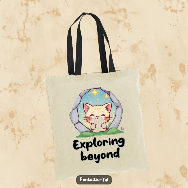 Funny cat peeking into a magical portal on a tote bag, showcasing a starry landscape and feline curiosity.