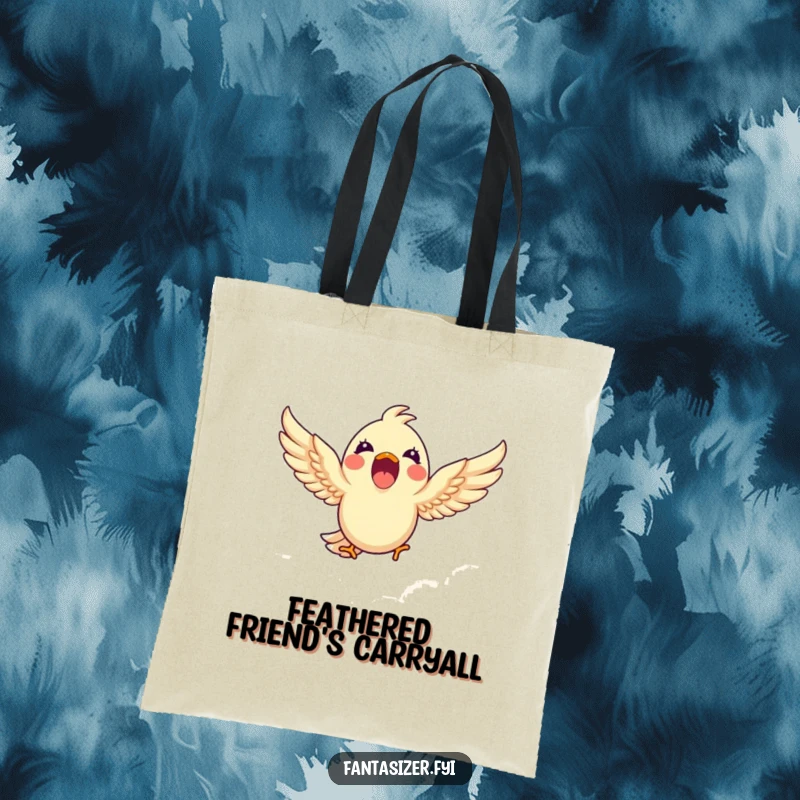 Funny tote bag illustrating a happy bird flying amongst clouds, perfect for carrying life's essentials with a touch of aerial humor.