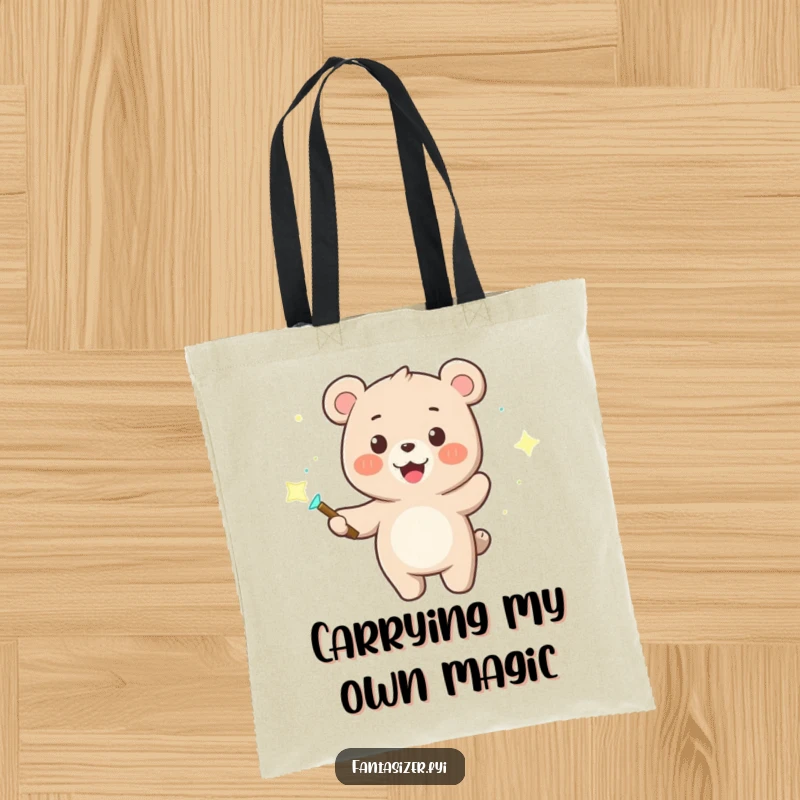 Funny tote bag showcasing a cheerful bear wizard holding a magic wand, creating a spectacle of dancing lights and wonder.