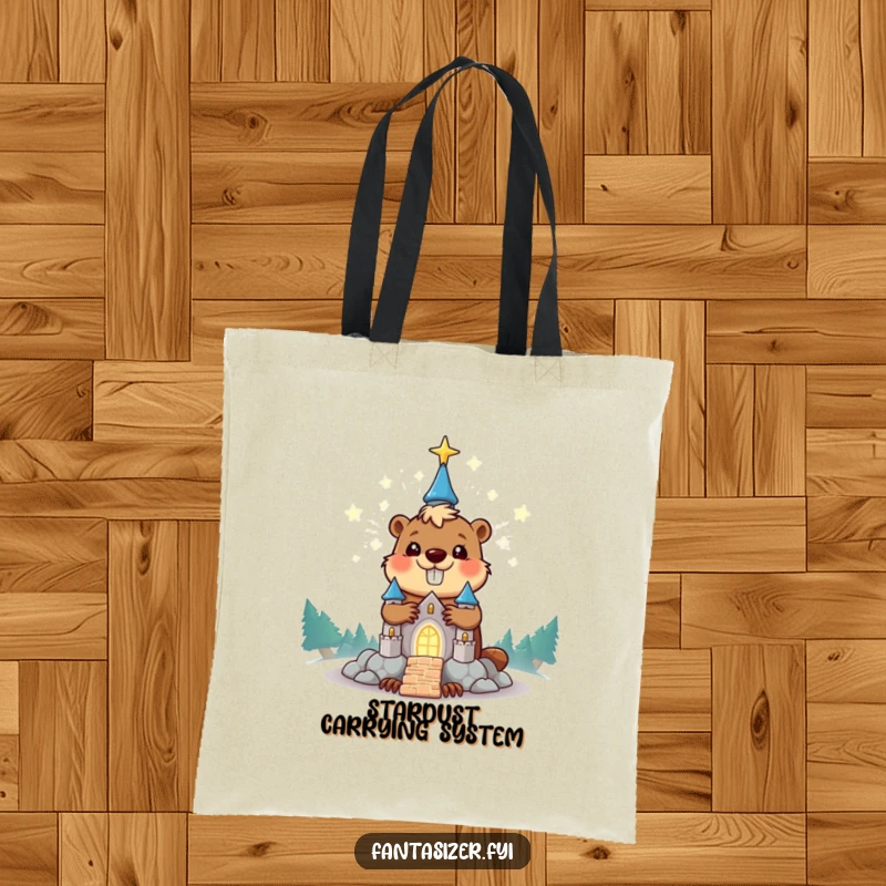 Funny beaver tote bag illustrating a happy character building a glowing stardust castle, perfect for carrying humorous gifts.