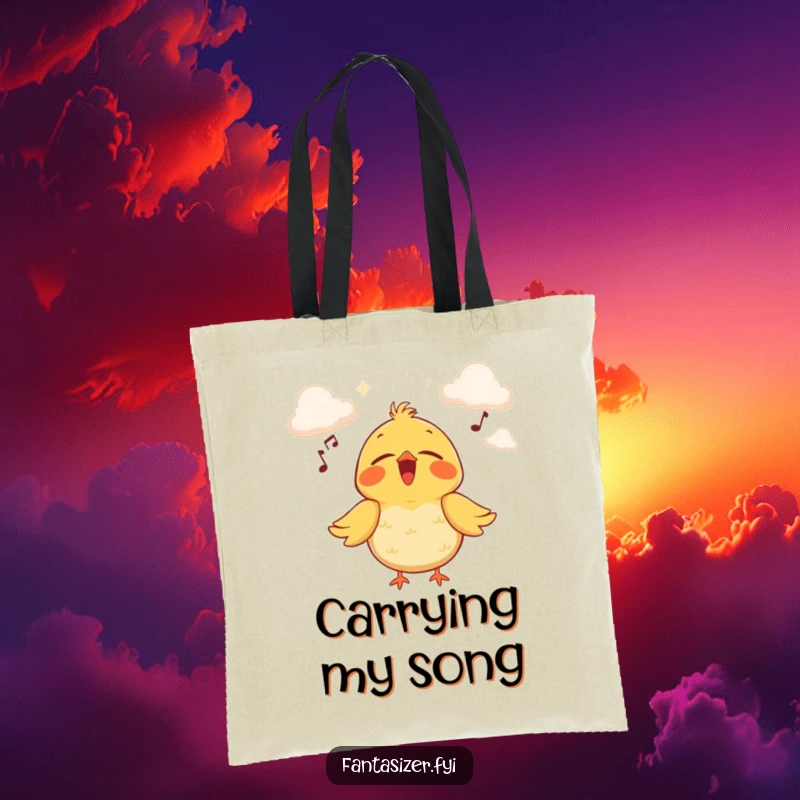 Funny tote bag with a bird singing on a cloud stage, perfect for carrying daily items with a touch of musical fantasy.