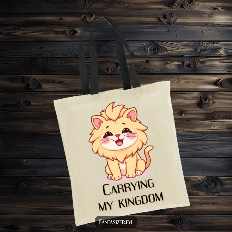 Funny tote bag showcasing a cheerful cat imagining itself as a magnificent lion, perfect for carrying your belongings with style and humor.