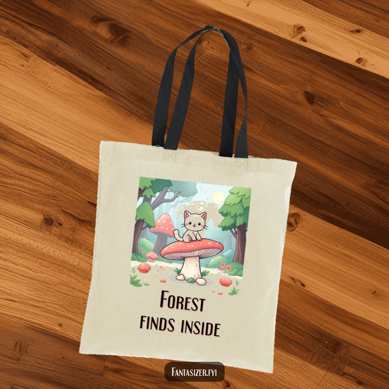 Funny tote bag featuring a playful cat riding a giant mushroom through a fantasy forest, perfect for carrying essentials with whimsy.