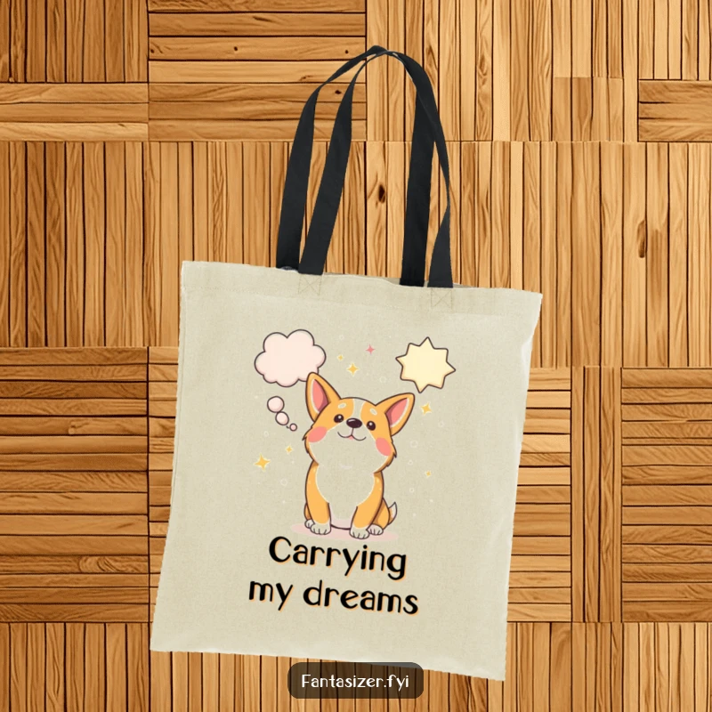 Funny corgi with oversized, sparkly thought bubbles filled with dreams, a practical and humorous tote bag.