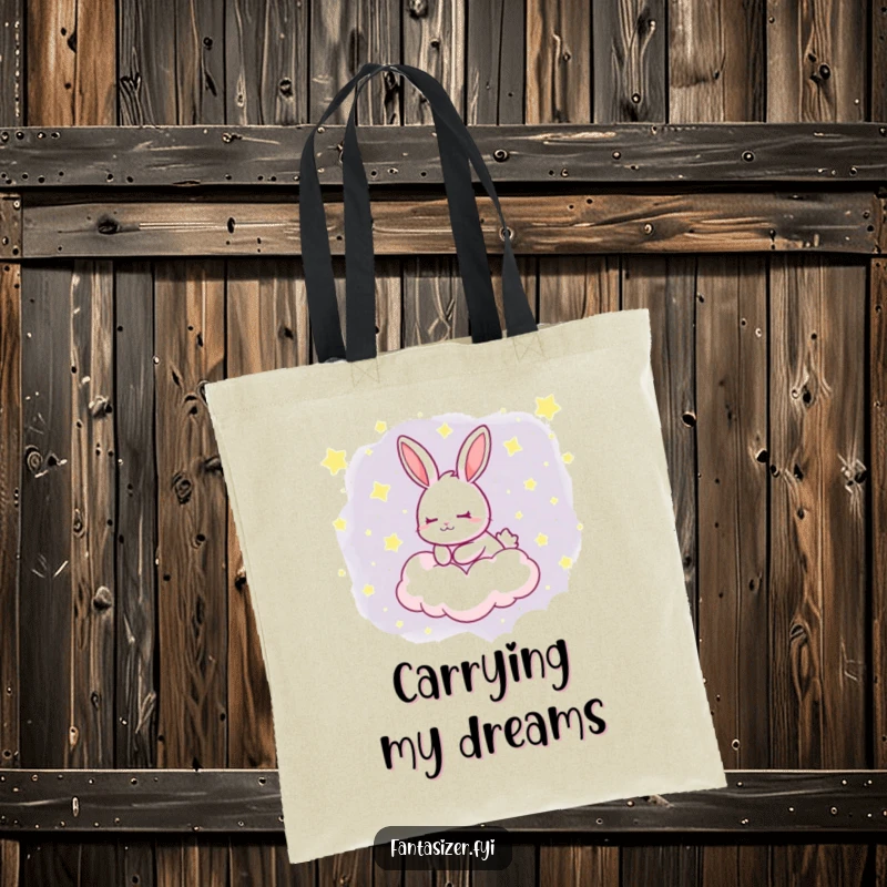 Funny tote bag featuring a dreaming rabbit floating on a cloud filled with stars, perfect for carrying everyday items with a touch of magic.