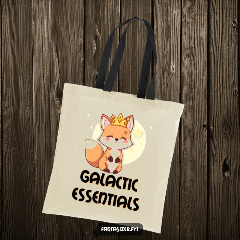 Funny tote bag with a happy fox character wearing a star crown, gazing at a distant glowing planet, perfect for carrying essentials with cosmic humor.