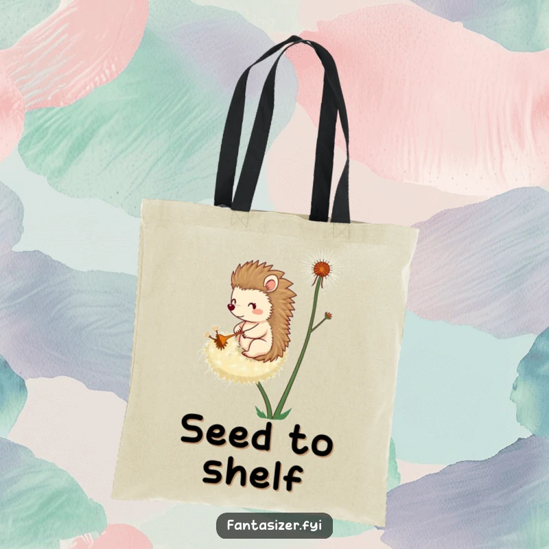 Funny tote bag illustrating a whimsical hedgehog riding a giant dandelion seed, perfect for carrying everyday items with a smile.
