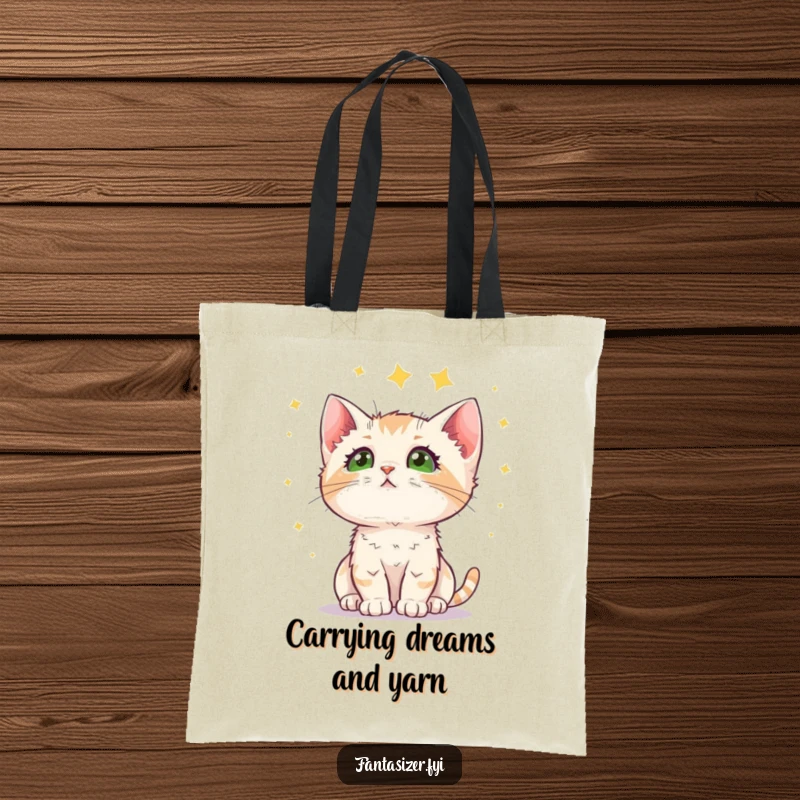 Funny kitten tote bag featuring a curious cat looking up at a wondrous starry sky, perfect for carrying essentials and a smile.