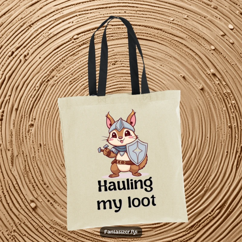 Funny tote bag showcasing a squirrel ready for battle as a knight, great for carrying essentials with heroic humor.