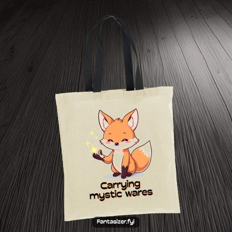 Funny tote bag featuring a creative fox conjuring sparkling magical effects from its paws, perfect for carrying items with flair.