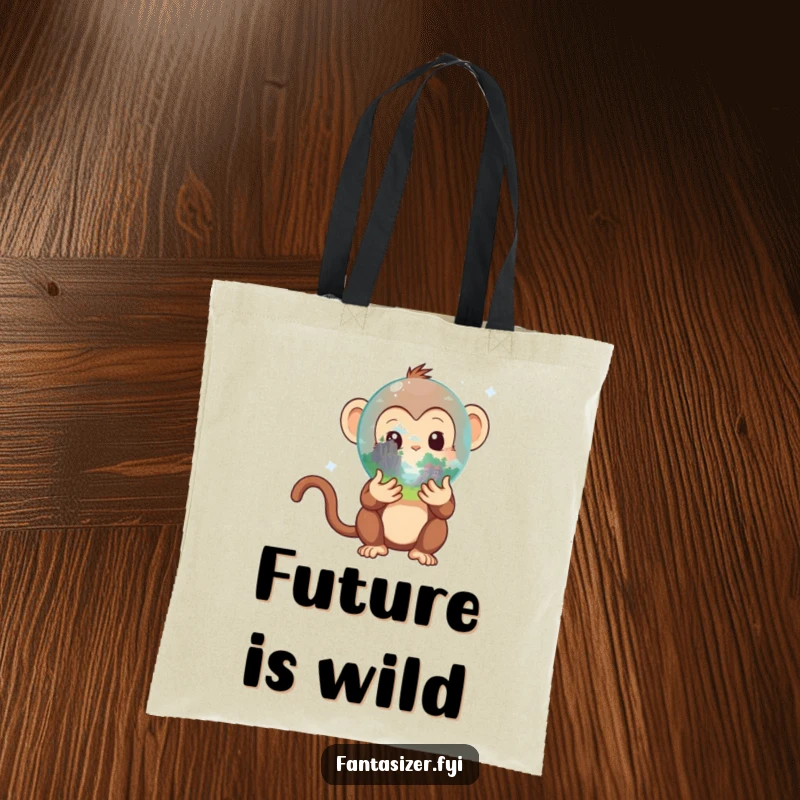 Funny Monkey Tote Bag: Curious monkey with a crystal ball showing a fantasy realm, a humorous and useful gift for daily adventures.