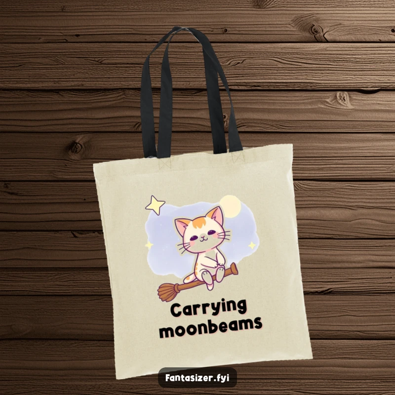 Funny tote bag with a happy cat flying on a broomstick through the night sky, great for magical errands.