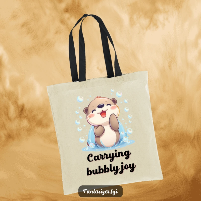 Funny otter character playing with shimmering bubbles on a durable tote bag, a humorous and practical accessory.