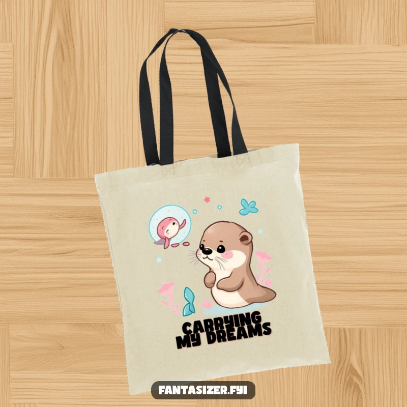 Funny tote bag featuring a curious otter dreaming of mermaids, perfect for carrying items with a magical and humorous theme.