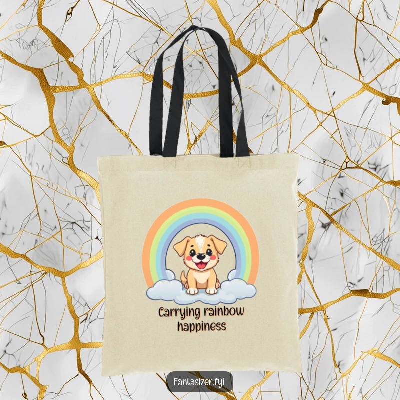 Funny tote bag featuring a happy puppy peeking through a rainbow portal, a cheerful and practical accessory.