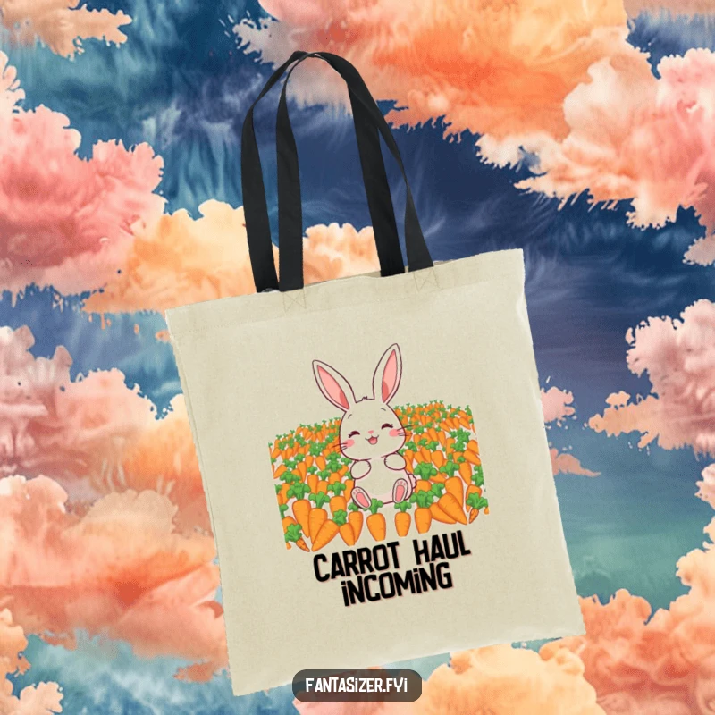 Funny tote bag illustrating a happy rabbit amidst an endless supply of carrots, perfect for carrying life's essentials with a touch of humor.