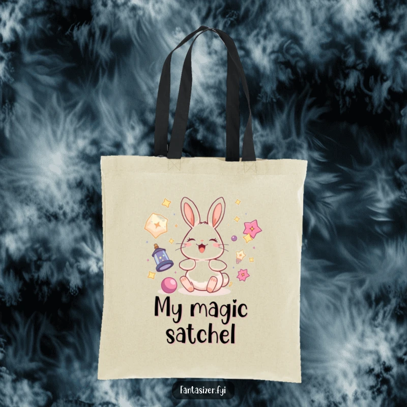 Funny rabbit tote bag featuring a delighted bunny surrounded by floating magical items, perfect for carrying essentials with a touch of wonder.