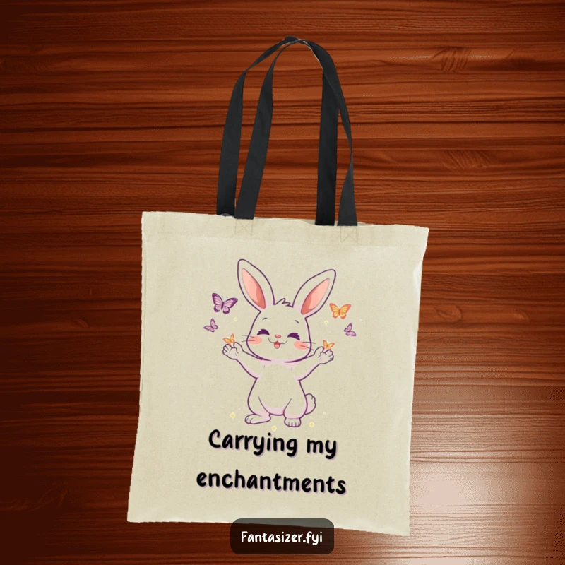 Funny tote bag with a playful rabbit character conjuring shimmering butterflies from its paws, perfect for carrying essentials with whimsical humor.