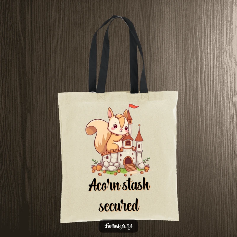 Funny tote bag featuring an imaginative squirrel building a castle from acorns, perfect for carrying essentials with creative flair.