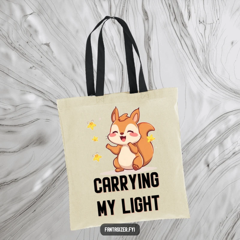 Funny squirrel tote bag featuring a gleeful squirrel playing with fireflies, a charming and humorous accessory for magical moments.