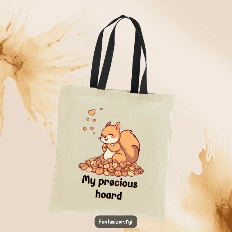 Funny tote bag illustrating a happy squirrel amidst an endless supply of nuts, perfect for carrying life's essentials with a touch of hoarding humor.