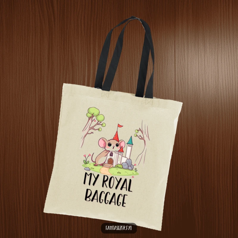 Funny tote bag featuring a surprised mouse discovering a miniature castle, perfect for carrying tiny treasures.