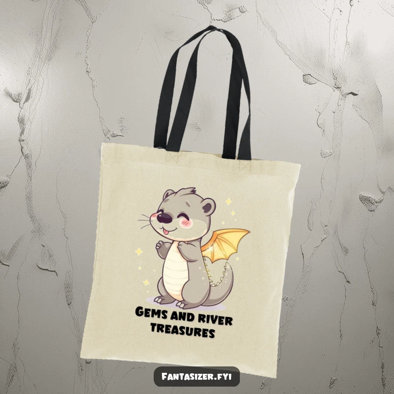 Funny otter dragon tote bag featuring a playful otter transforming into a sparkling, shimmering dragon, perfect for carrying treasures.