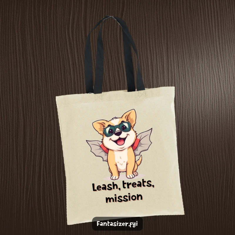 Funny tote bag featuring a happy dog with a goofy grin, imagining flying with superhero wings.