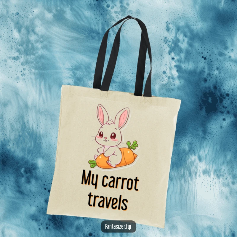 Funny tote bag featuring a rabbit riding a flying carrot, perfect for carrying essentials with a dash of playful fantasy.