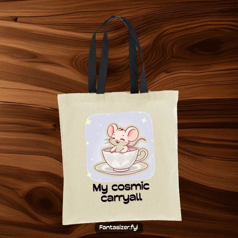 Funny tote bag featuring a giggling mouse comically piloting a teacup through a vibrant, starry sky.