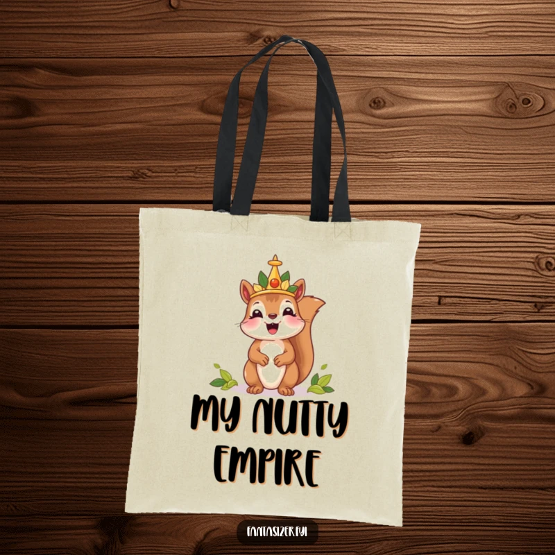 Funny tote bag with a delighted squirrel wearing a leaf crown, ruling a tiny kingdom, perfect for carrying daily essentials with humor.