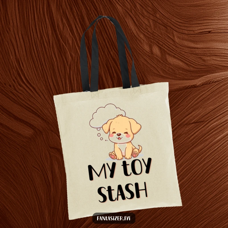 Funny puppy tote bag, a dog dreaming of a toy cloud, perfect for carrying daily items with playful humor.