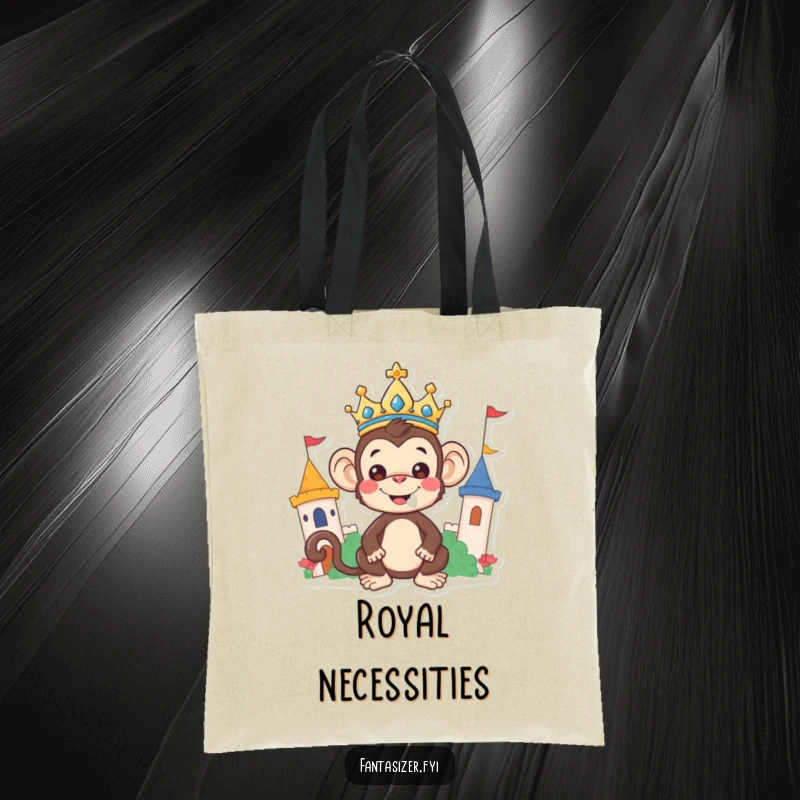 Funny Monkey Tote Bag: A joyful monkey wearing a crown reigns over a whimsical kingdom, perfect for carrying royal decrees.